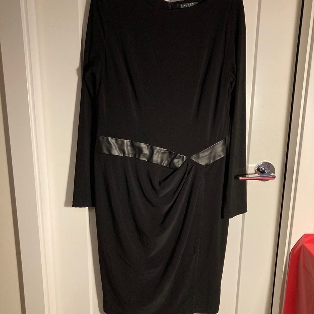 Ralph Lauren RLR Sz 12 Black Faux Leather Hip Trim Long Sleeve Dress
